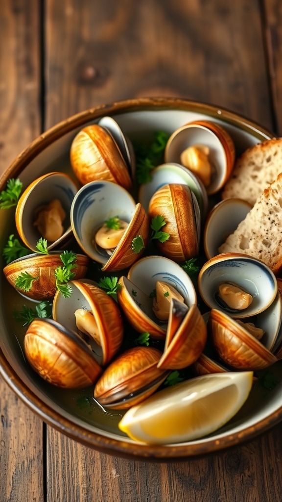 A bowl of garlic butter clams with parsley and lemon, served with bread on a rustic wooden table.